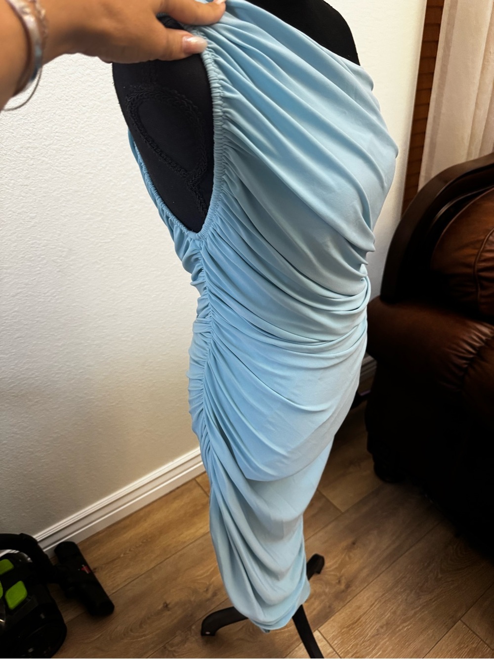 Norma Kamali Sky Blue One-Shoulder Ruched Midi Dress - Picture 2 of 3